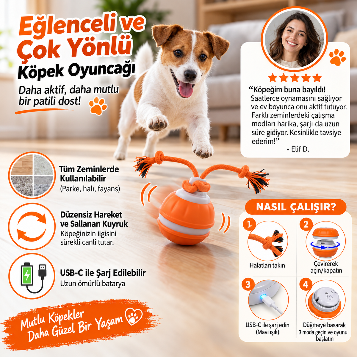 Köpekler için uygun renklerde, hareket sensörlü ve çekme ipi bulunan dayanıklı köpek oyun topu.
