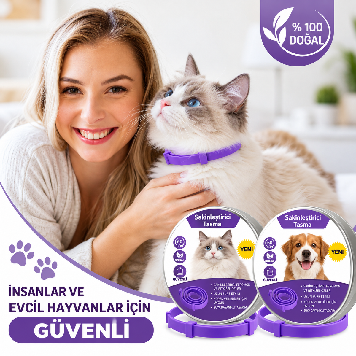 Köpekler ve Kediler için Feromonlu Sakinleştirici Tasma