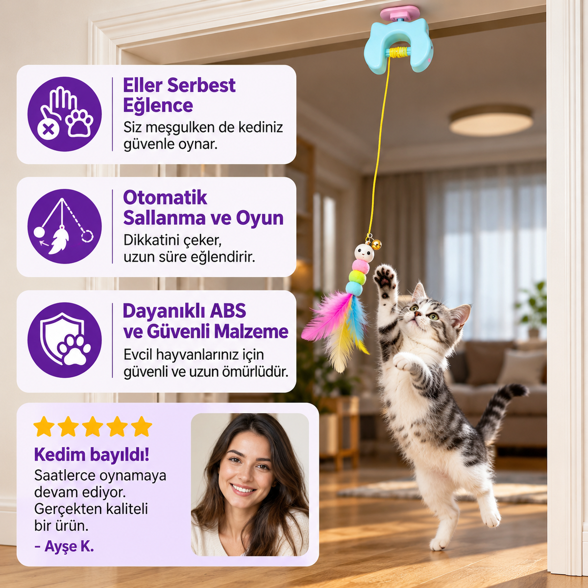 Etkileşimli Kedi Tüy Oyuncağı – Elektrikli Kapıya Asılan Otomatik Sallanan Kedi Oyuncağı