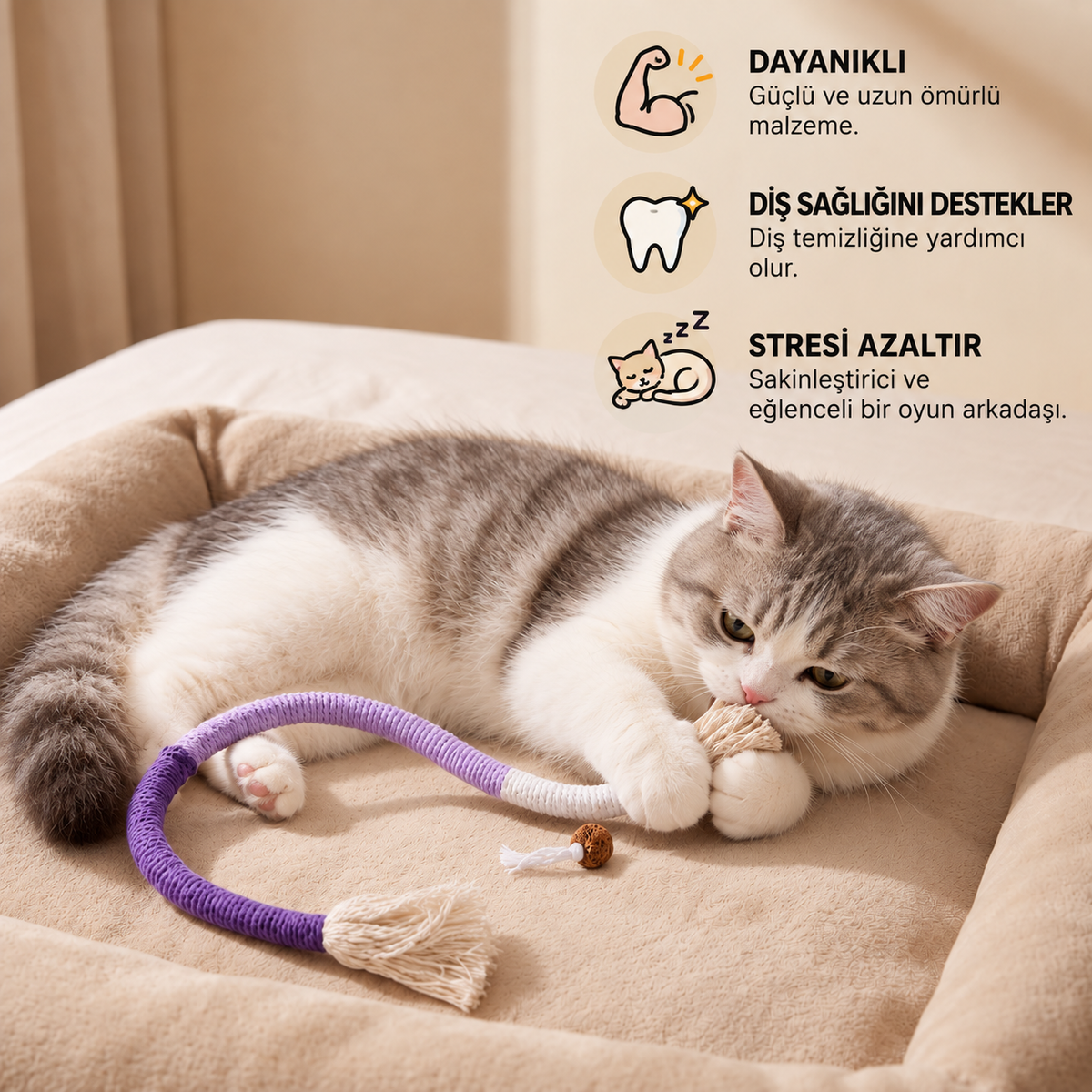 Doğal kedi çiğneme ipi – dayanıklı, diş hijyenini destekler ve stresi azaltır.