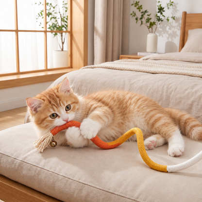Doğal kedi çiğneme ipi – dayanıklı, diş hijyenini destekler ve stresi azaltır.